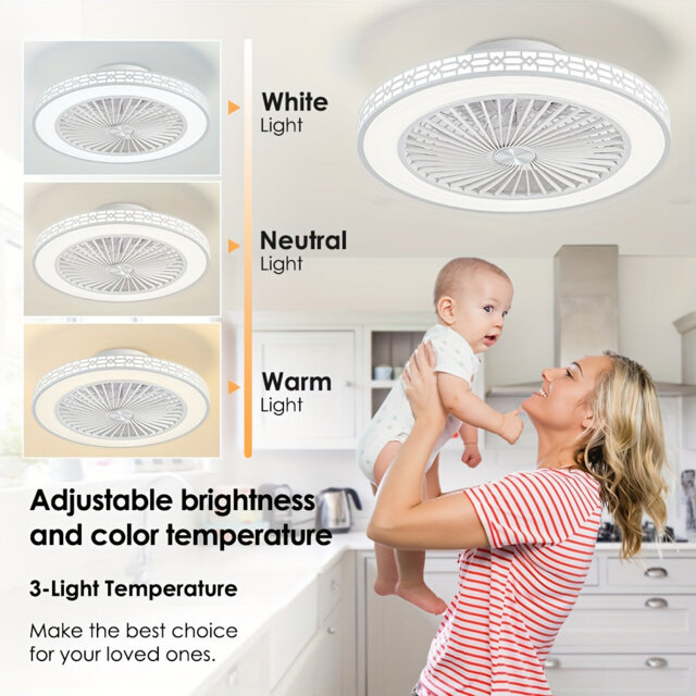 Ceiling Fan With Lights, 48CM Low Profile 6 Speeds Reversible Bladeless Ceiling Fan, Led Dimmable Quiet Timing Flush Mount Bedroom Fan Light For Livi