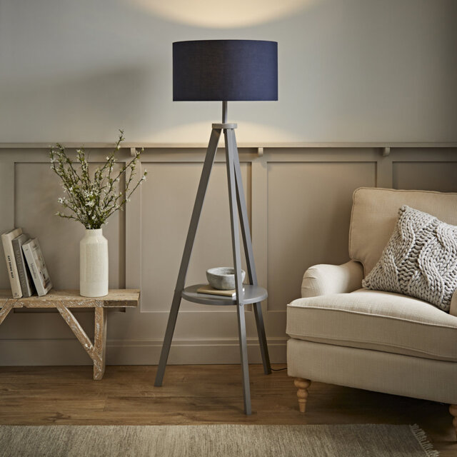 Ismay 149 cm Morrigan Wood Tripod Floor Lamp with Shelf & XL Reni Shade