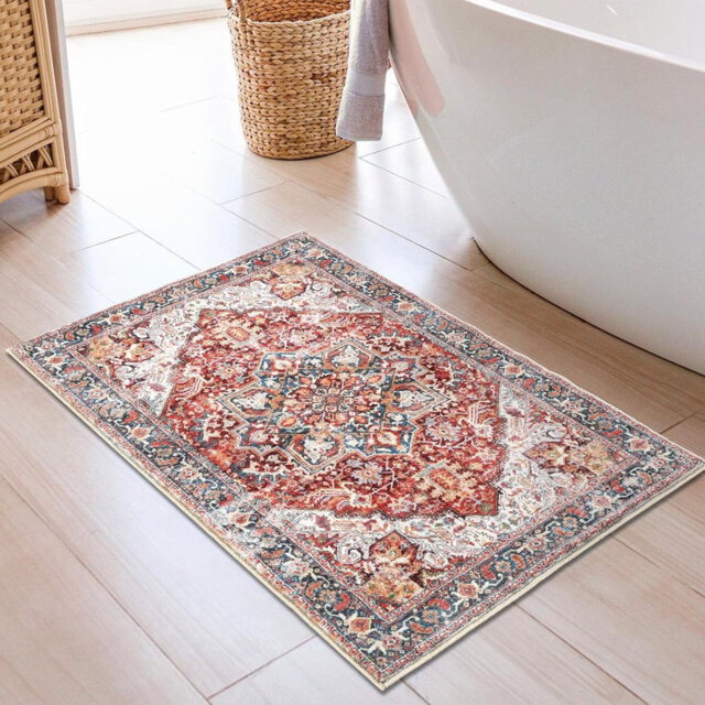 60 x 90 cm Red Non-Slip Indoor Doormat, Low Pile Vintage Washable Area Rugs for Kitchen Bathroom Mat