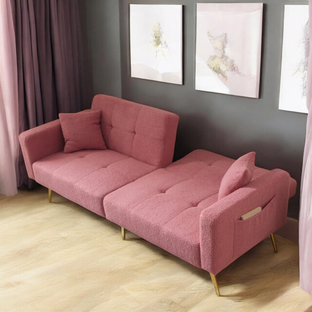 Sofa Bed Adjustable Backrest Angles With Gold Legs, Cushions And Side Storage Pockets