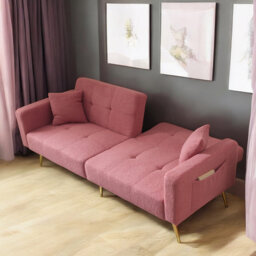 Sofa Bed Adjustable Backrest Angles With Gold Legs, Cushions And Side Storage Pockets