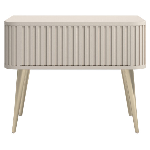 Nightstand with Fluted Design and Drawer, Gray-Beige with Gold Legs