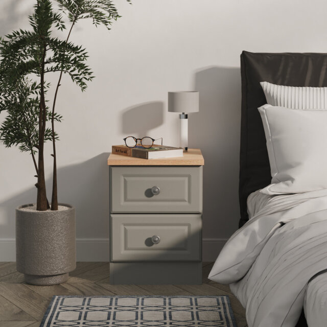 Arpelar 2 Drawer Bedside Cabinet in Dusk Grey & Bardolino Oak (Ready Assembled)