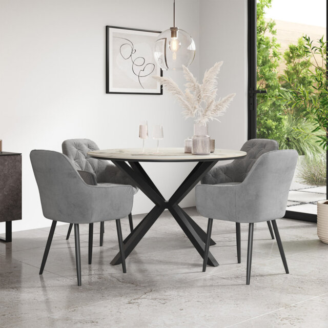 Juno Calcutta Gold Ceramic Dining Table & 6 Anika Velvet Black Chairs