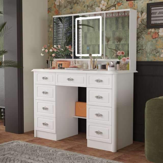 White Dressing Table with LED Mirrors, 9 Drawers & Adjustable Lighting for Bedroom