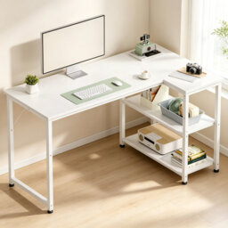 120 x 70cm White L-Shaped Corner Computer Desk, Reversible Home Office Workstation with Multi-Functional Storage Shelving, Multi-Purpose Writing Table