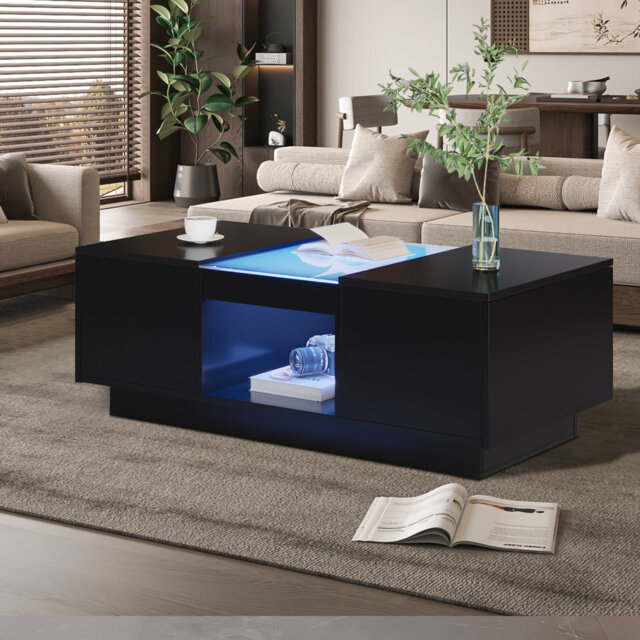 Led Coffee Table For Living Room, Modern 2-tier Storage Table With Led Lights & 2 Drawers, Large Center Table
