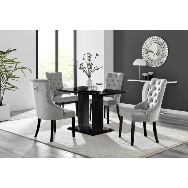 Edzard Modern Double Pedestal High Gloss Dining Table Set with 4 Luxury Velvet Dining Chairs