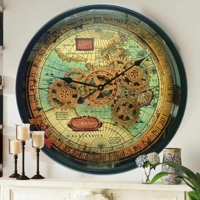 Wall Clock with Real Moving Gears PO-LI_ 24 in Round BLACK-ANTIQUE