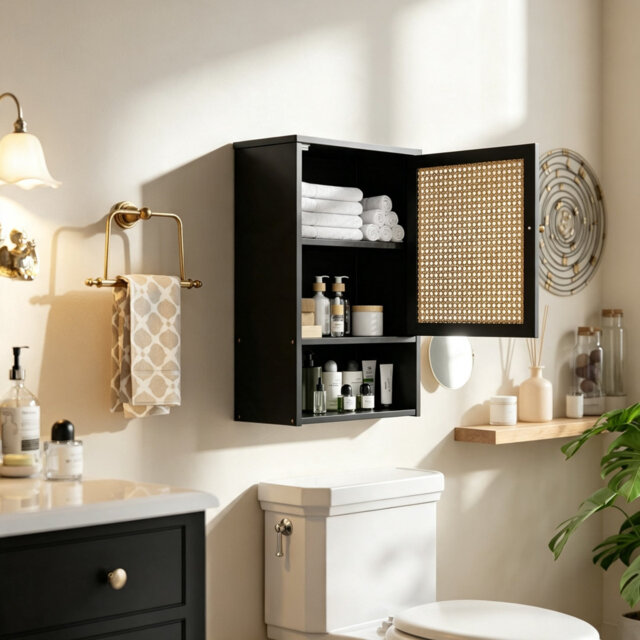 Black Bamboo Wall Mounted Over-The-Toilet Bathroom Storage Cabinet, Medicine Cupboard with Rattan Doors & Adjustable Shelf, Space Saving Organiser for