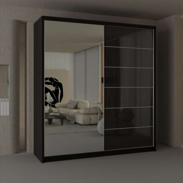 Calvero Sliding Mirror Wardrobe - High Gloss 150/180/200cm in White, Black, Grey, and Oak