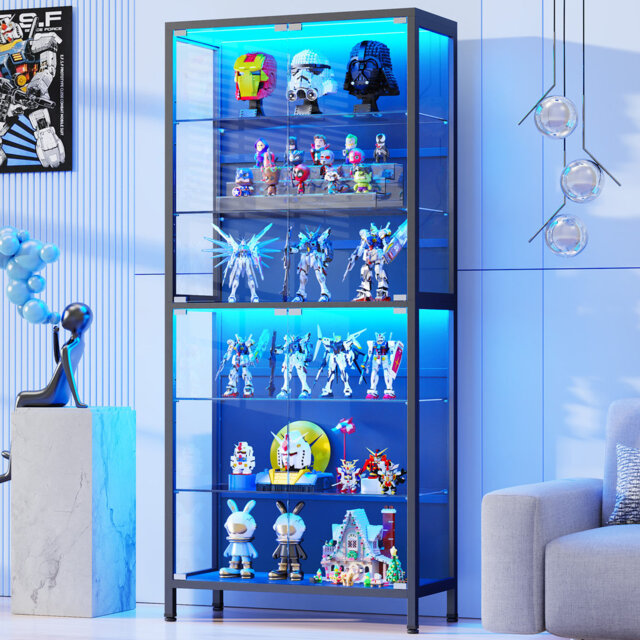 6-Tier Display Cabinet with Glass Doors, Metal Curio Cabinet with 3 Color Lights