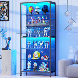 6-Tier Display Cabinet with Glass Doors, Metal Curio Cabinet with 3 Color Lights