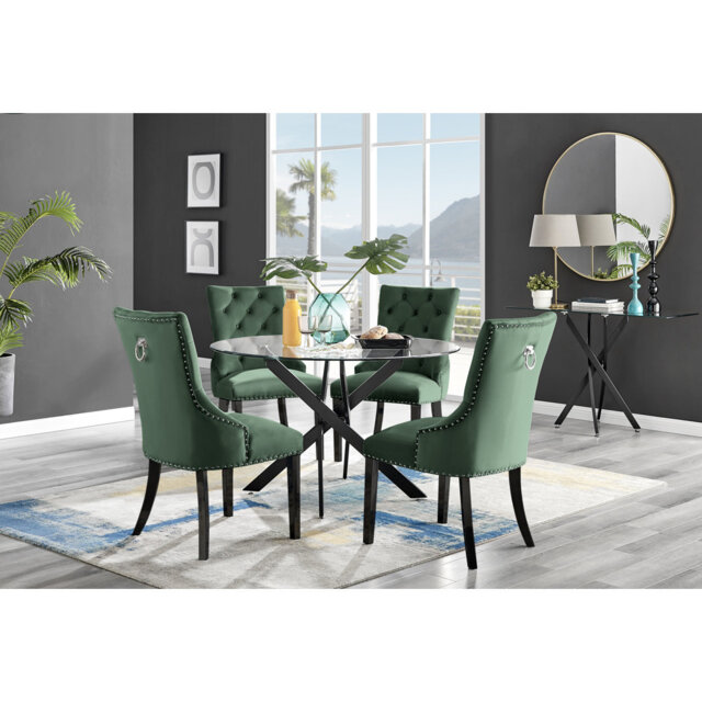 Tierra Modern Chrome Metal & Glass Round Dining Table Set with 4 Luxury Button Velvet Chairs