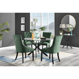 Tierra Modern Chrome Metal & Glass Round Dining Table Set with 4 Luxury Button Velvet Chairs