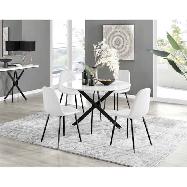 Tierra Modern Metal & Glass Round Dining Table Set with 4 Luxury Dining Chairs
