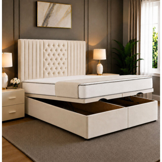 Elizabeth Divan Ottoman Storage Bed Frame with Luxury Floor Standing Headboard with End Lift Storage