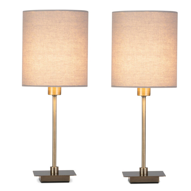 Pair (2x) Square Stick Antique Brass Metal Bedside Table Lamp