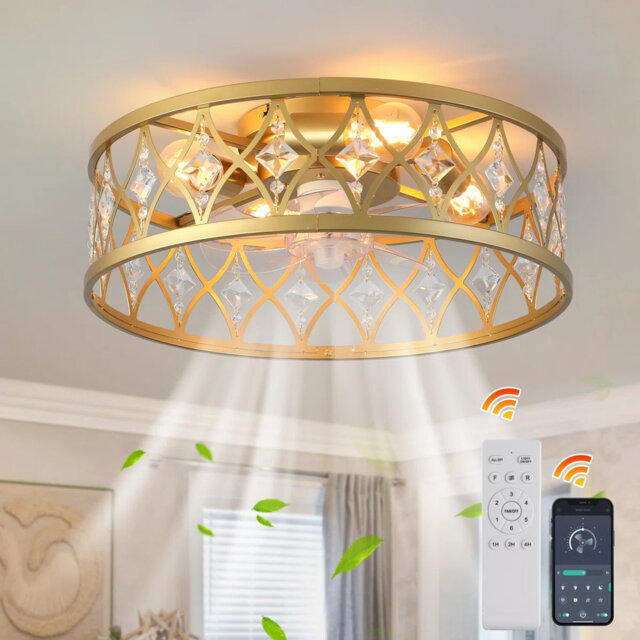 Modern 50cm Gold Reversible Caged Ceiling Fan with Light Kit and Remote Control