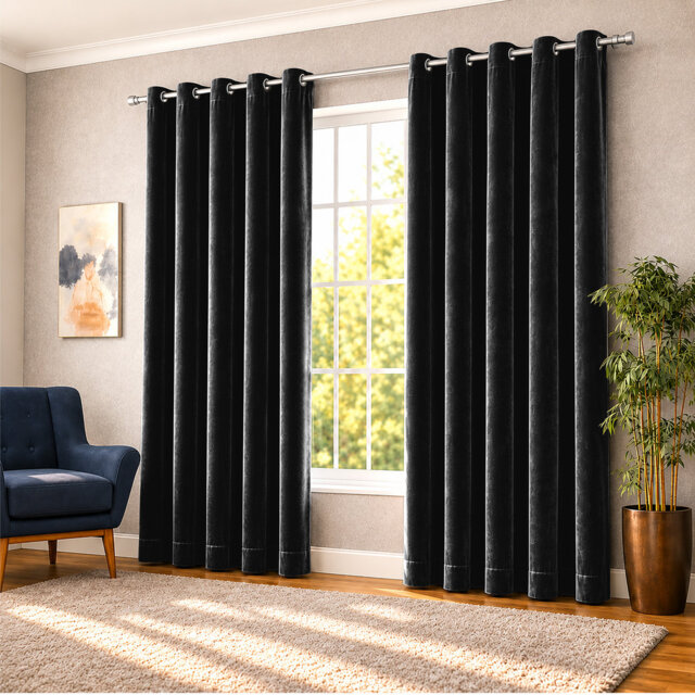 Thermal Velvet Curtains with Eyelet Ring Top - Blackout Crushed Velvet Drapes Pair