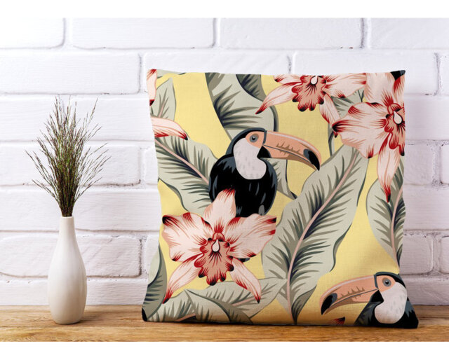 Brockley Toucans, Orchids and Palm Leaves Floral Scatter Cushion with Filling