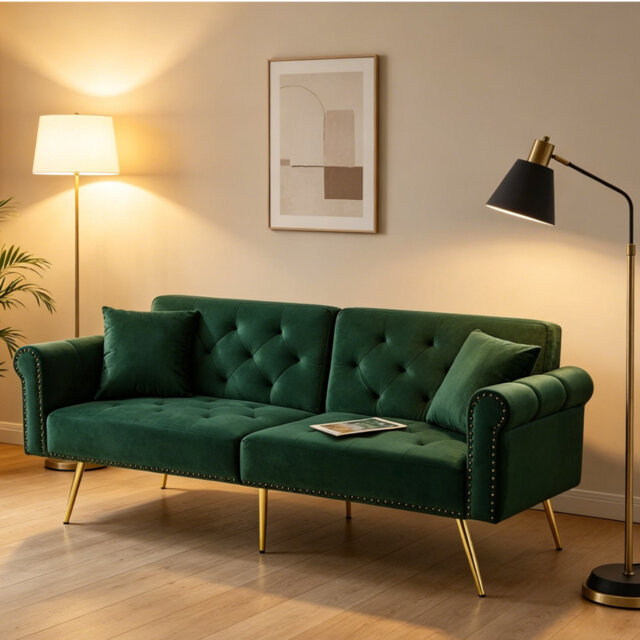 Modern 2-Seater Sofa Bed , 3-Stage Adjustable Backrest & Gold-Plated Metal Feet