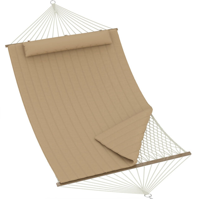 Double Quilted Hammock for 2 Person, 3.5m Large Garden Hammock with Wooden Spreader Bar & Detachable Pillow, 204kg Capacity Outdoor Swing Bed with Cha