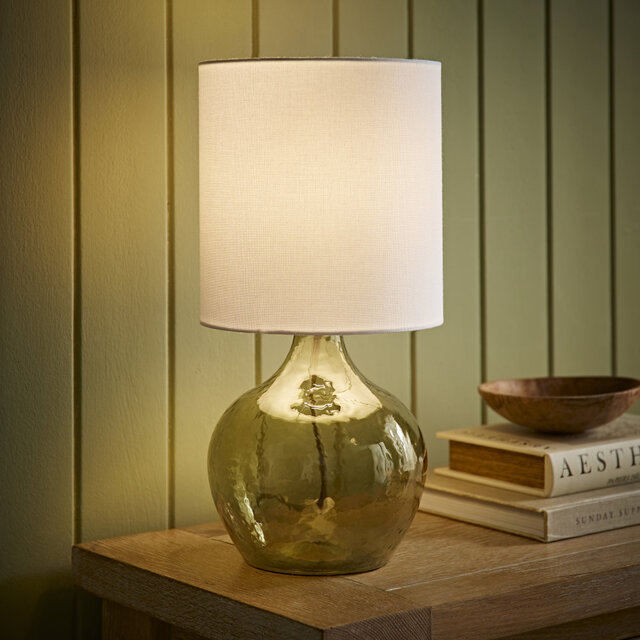 Emily Natural Linen Drum Shade Dark Green Glass Teardrop Table Lamp and LED Bulb