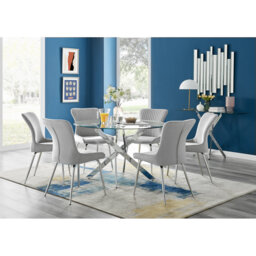 Tierra Modern Chrome Metal & Glass Round Dining Table Set with 6 Luxury Velvet Chairs