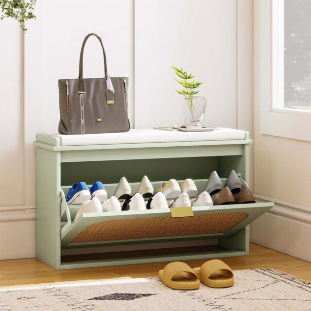 Boho Rattan Shoe Bench With 2 Flip-Drawers And Padded Seat