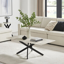 Lenworth Marble Effect Coffee Table - Glass Topped Metal Leg Centre Table