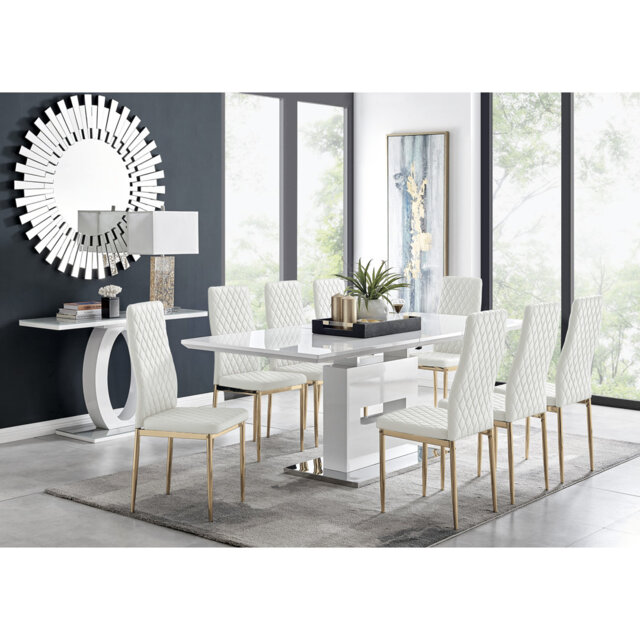 Alezzo Modern High Gloss Extendable Dining Table Set with 8 Quilted Faux Leather Dining Chairs