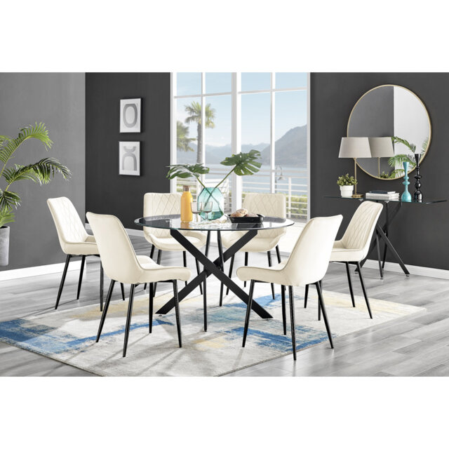 Tierra Modern Chrome Metal & Glass Round Dining Table Set with 6 Luxury Faux Leather Chairs