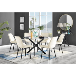 Tierra Modern Chrome Metal & Glass Round Dining Table Set with 6 Luxury Faux Leather Chairs