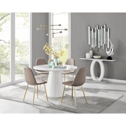 Edzard Statement Pedestal Round Dining Table Set & 4 Luxury Faux Leather Dining Chairs