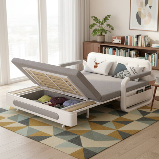 2-in-1 Sofa Bed with Storage, Grey Fabric Sleeper for Small Spaces, Available in 1.28m and 1.58m Sizes(1.28m) Metal Frame, Grey and White Finish, High