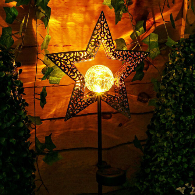 Solar Star Lantern For Outdoor Landscape Decor – Crackle Glass Globe Stake Metal Lamp For Patio, Lawn, Pathway (Warm White)