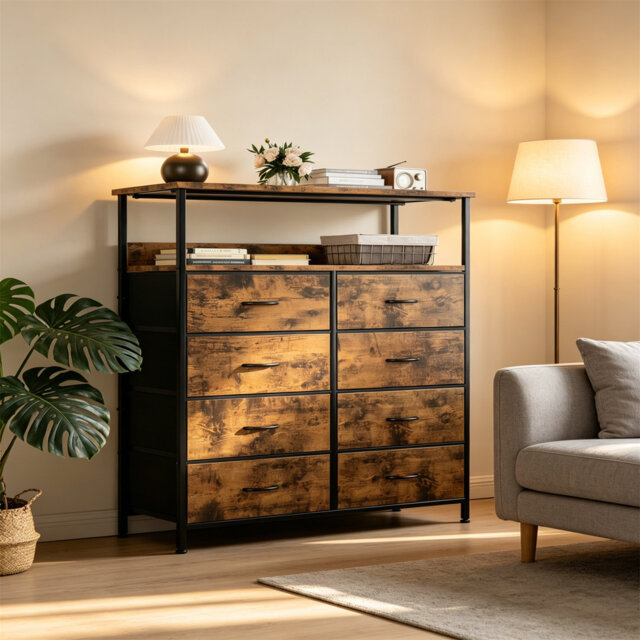 Chest Of Drawers With 8 Drawers & 2-Tier Shelves, Tall Dresser & Storage Organizer Unit For Bedroom, Kids Room, Living Room, Closet
