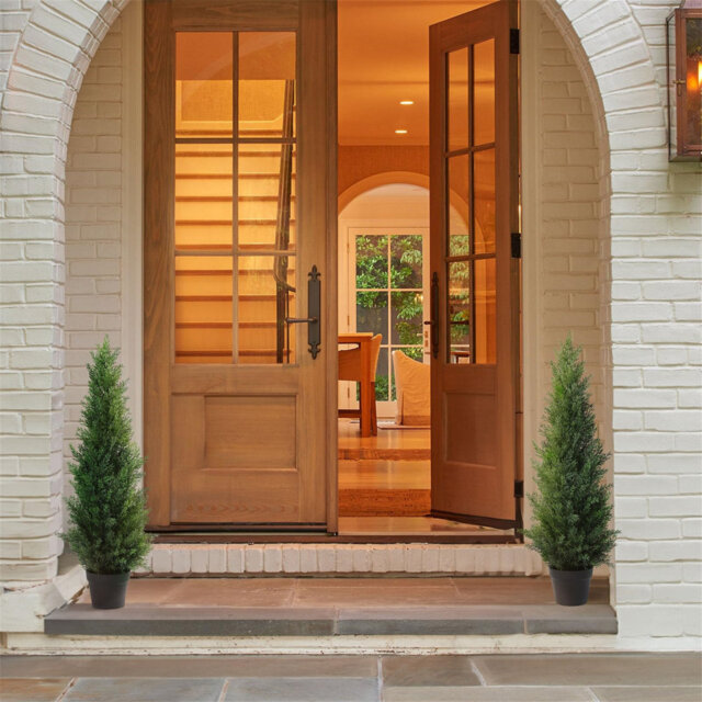 Artificial Plants Outdoor 95 Cm Fake Cedar Tree Large Faux Plants With Plastics Pots For Garden Front Porch Decoration (2 Pack)