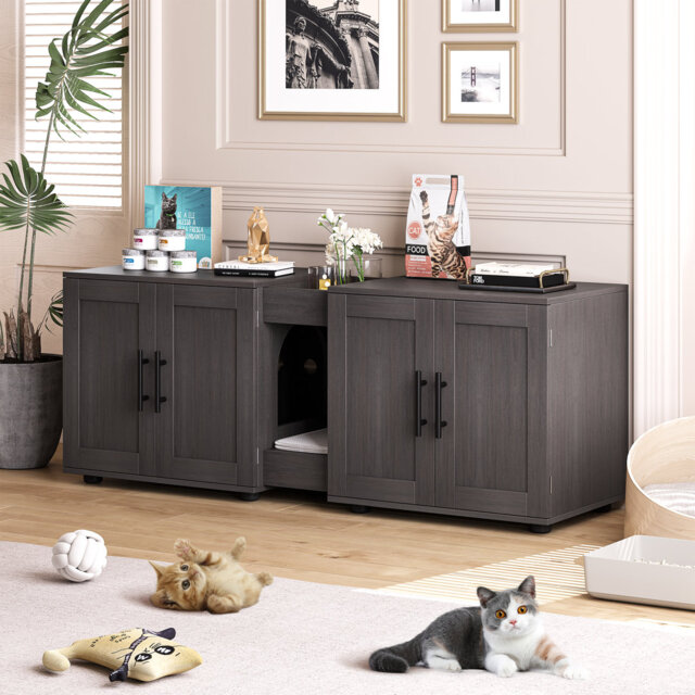 3-in-1 Cat Litter Box Enclosure TV Stand - Hidden Odour-Control Cabinet with Middle Entrance, Scratch Pad & Easy-Access Doors for Living Room