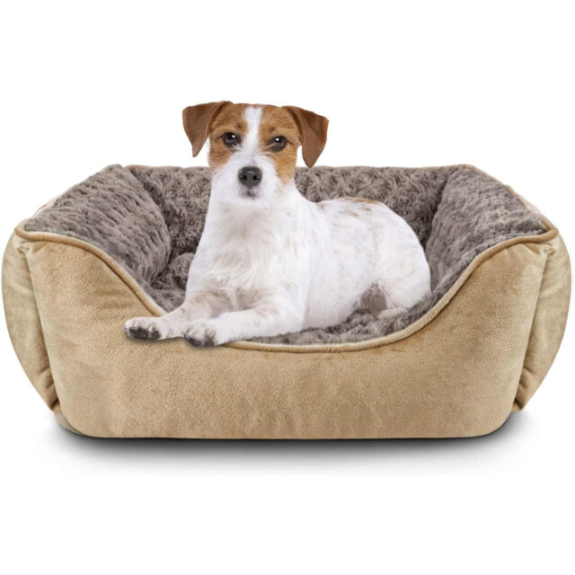 Dog Bed Medium Washable - Calming Anti-Anxiety Rectangle Cat Bed With Soft Cosy Plush - Pet Bed Size Small - Medium - Large Mattress Mat For Dog, Beig