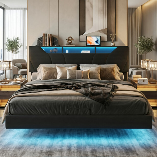 Floating Hydraulic PU Ottoman Bed With LED & Charging Station (USB/Type-C), 140X200cm Double / 160X200cm King, Black Faux Leather Smart Storage