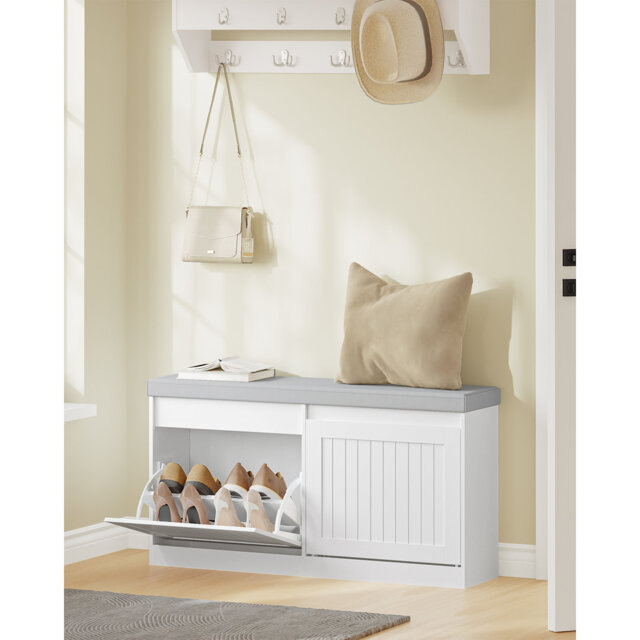 Shoe Storage Bench with Seat Cushion, Shoe Cabinet Storage Hallway with 2 Flip Drawers, Shoes Rack Bench with Adjustable Shelves for Hallway, Living R