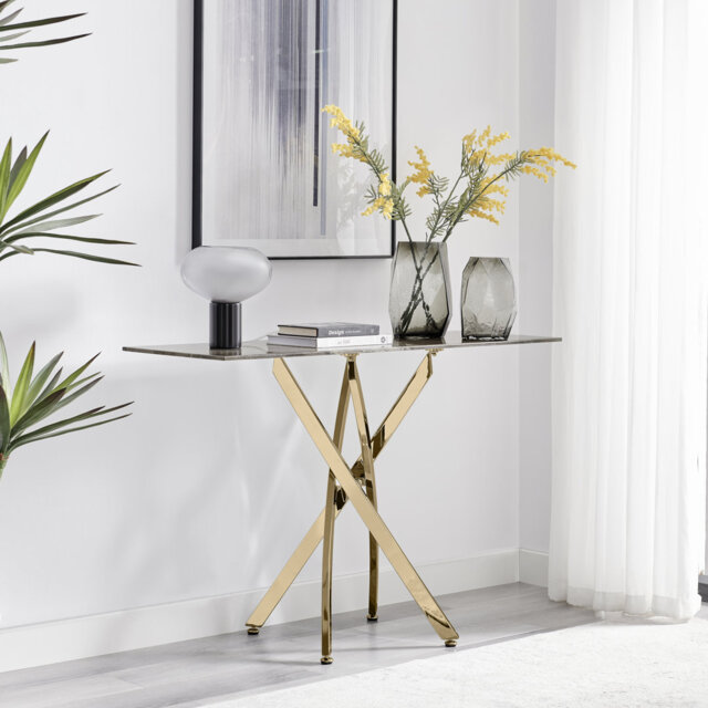 Atal Marble Effect Console Table - Glass Topped Metal Leg Narrow Hallway Console Table