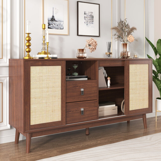 Sideboard with 3 rattan doors and 2 drawers