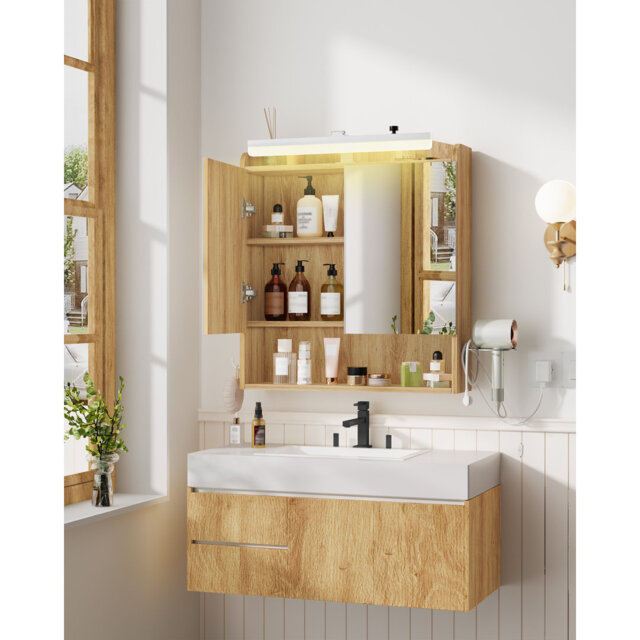 Bathroom Mirror Cabinet with LED Lights, Bathroom Wall Cabinet with Plug, Bathroom Cabinet, 2 Doors and Open Storage, Adjustable Shelf, Hair Dryer Hol
