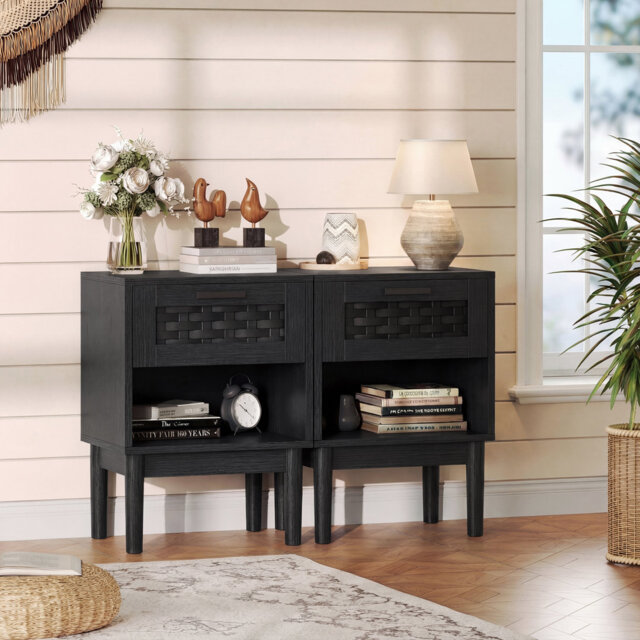 2Pcs Natural Rattan Bedside Table With Drawer And Storage, Solid Wood Nightstand Set Of 2, Small Bedroom Side Table For Bedroom, Black