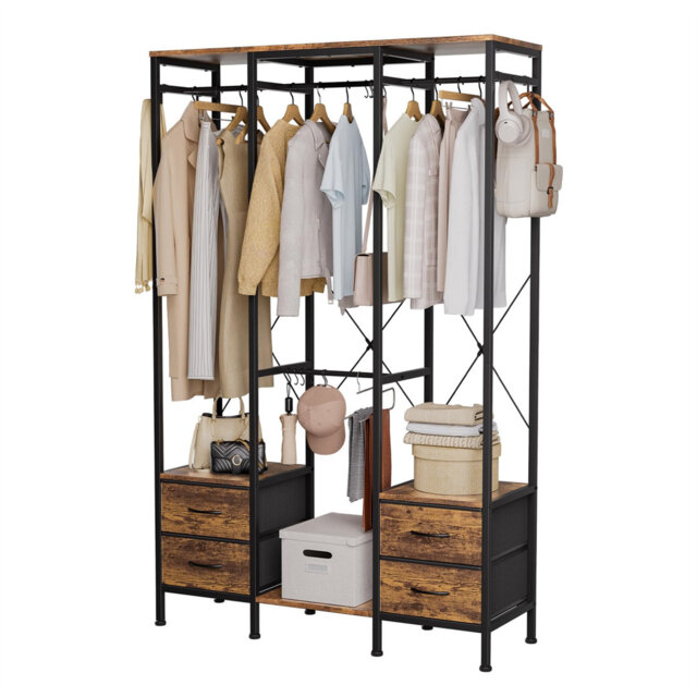 Stand Portable Closet Rack With Hooks, Wood Top, Steel Frame, Fabric Drawers & Open Shelves For Hanging Clothes