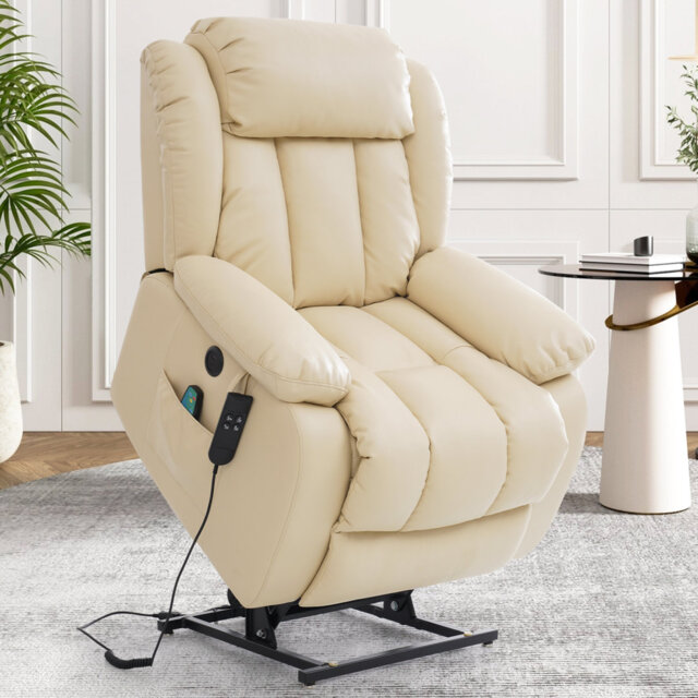 Dual Motor Leather Power Lift Recliner, Infinite Position Lay Flat, Heat & Massage for Adult&Elderly