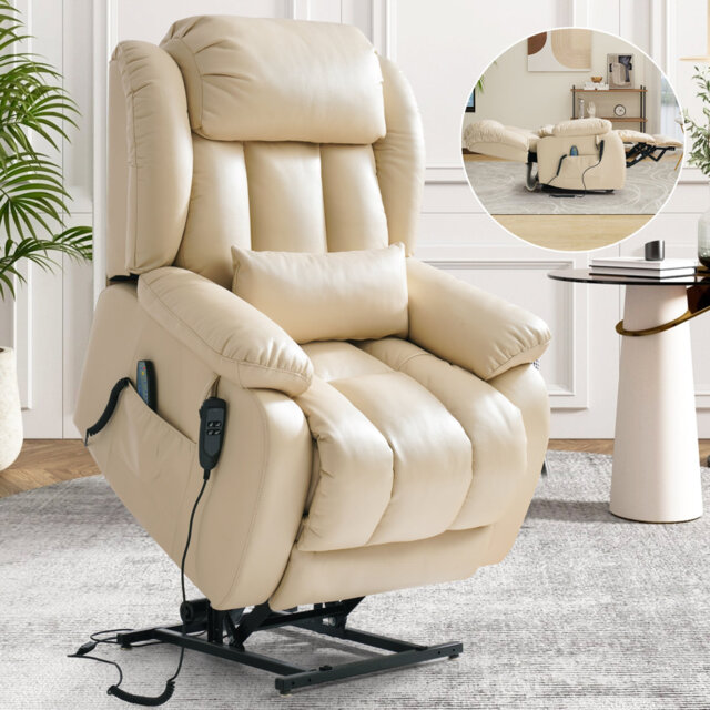 Dual Motor Leather Power Lift Recliner, Infinite Position Lay Flat, Heat & Massage for Adult&Elderly